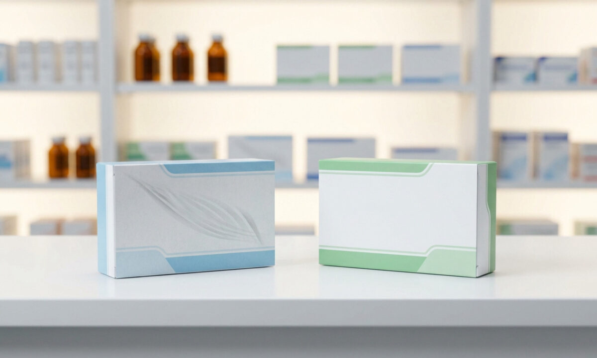 Deux boîtes de médicaments neutres sur un comptoir de pharmacie avec des étagères floues en arrière-plan.