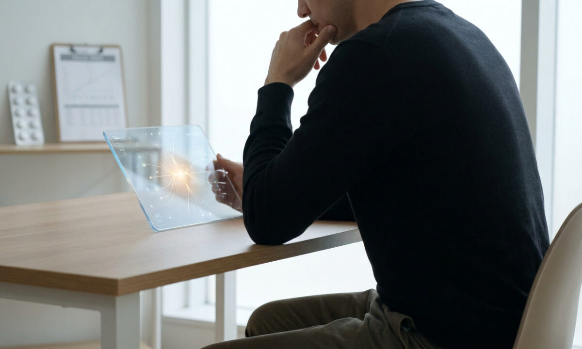 Un homme en réflexion devant une tablette transparente affichant des données médicales lumineuses dans un bureau.