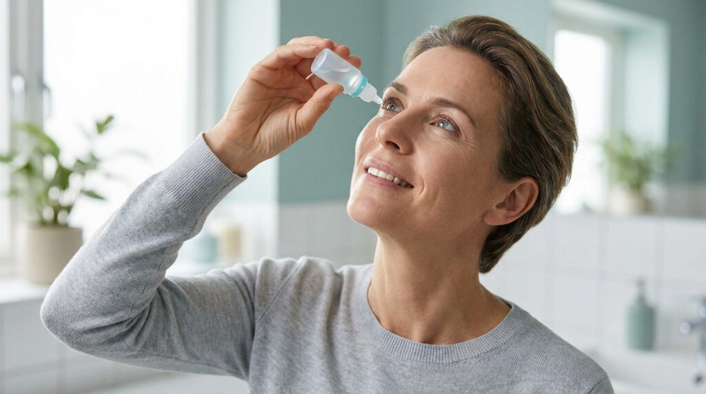 Une femme utilisant un collyre pour les yeux dans une salle de bain lumineuse.