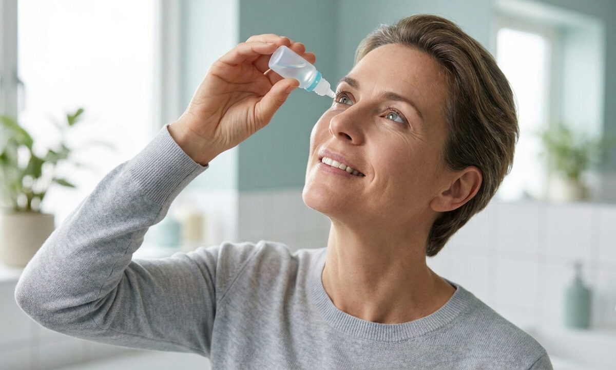 Une femme utilisant un collyre pour les yeux dans une salle de bain lumineuse.