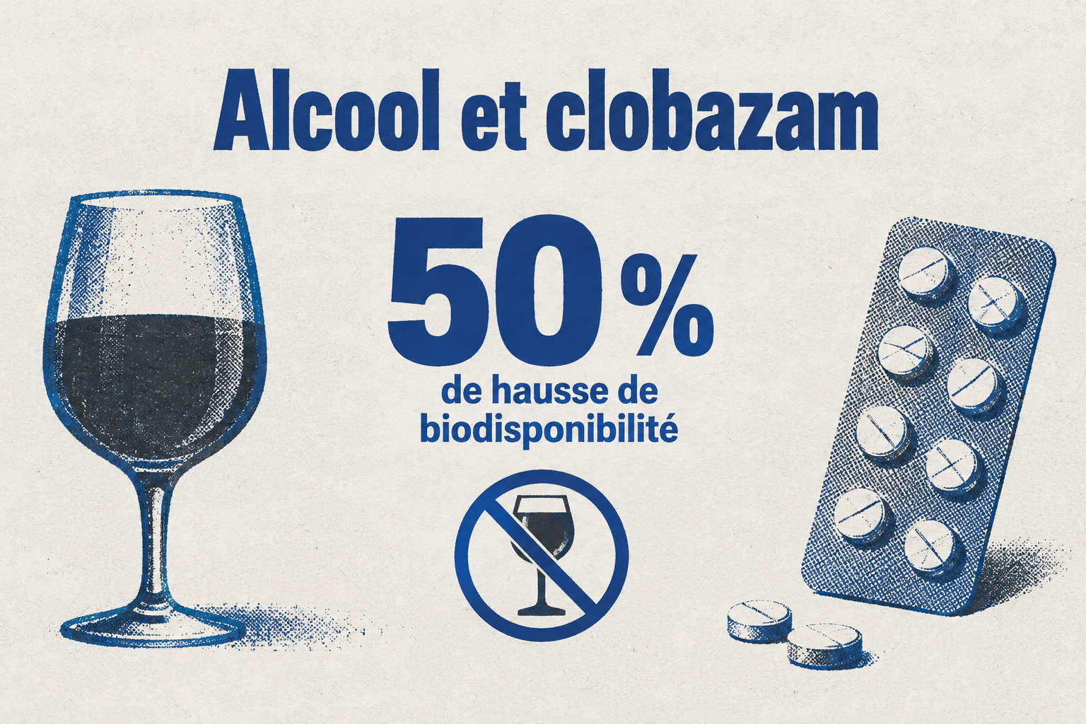 La consommation d'alcool avec le clobazam augmente la biodisponibilité du médicament de 50 %.