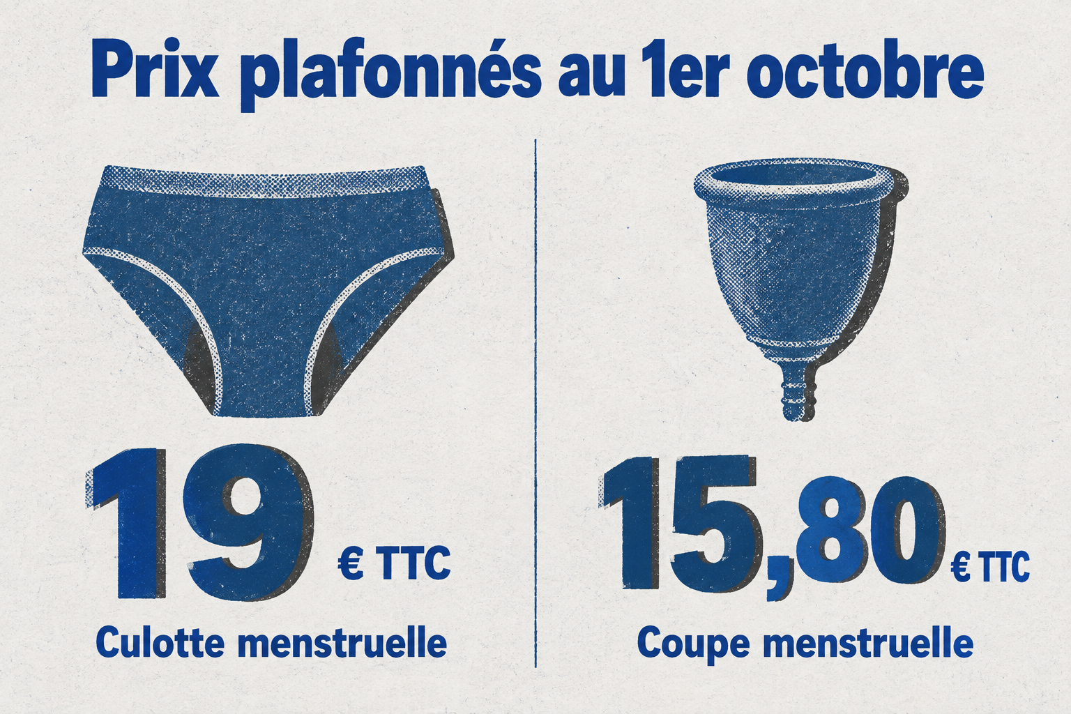 Deux prix plafonnés au 1er octobre : 19 € pour une culotte menstruelle, 15,80 € pour une coupe.
