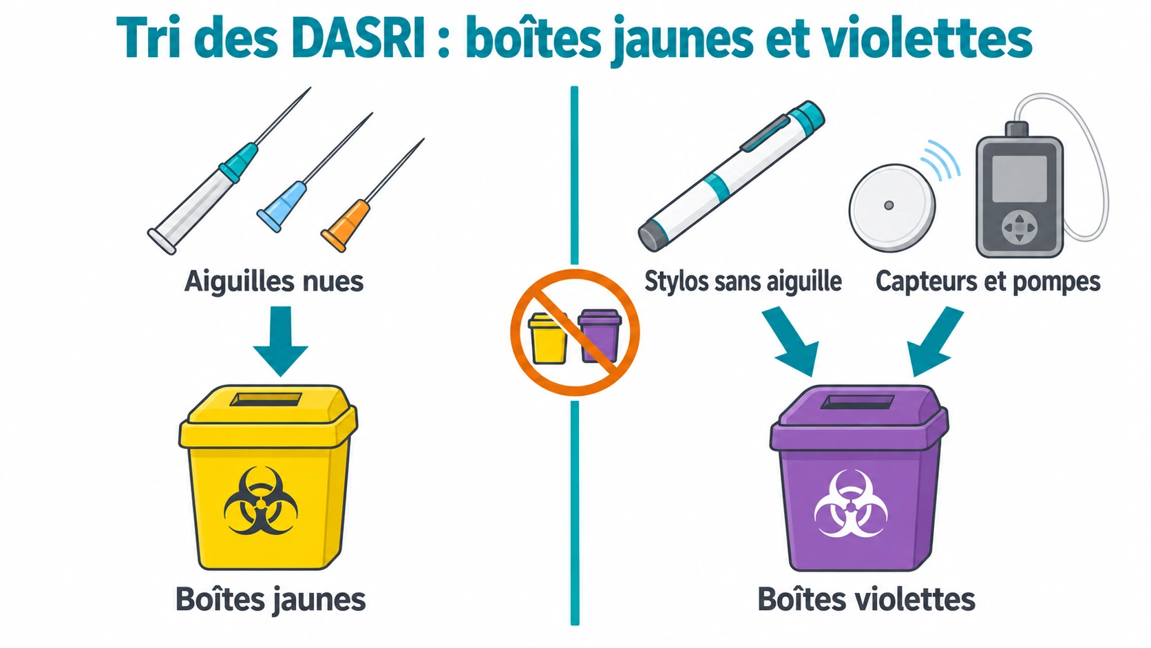 Deux colonnes de tri : aiguilles nues exclusivement en boîtes jaunes d'un côté, stylos sans aiguille, capteurs et pompes en boîtes violettes de l'autre, sans mélange.
