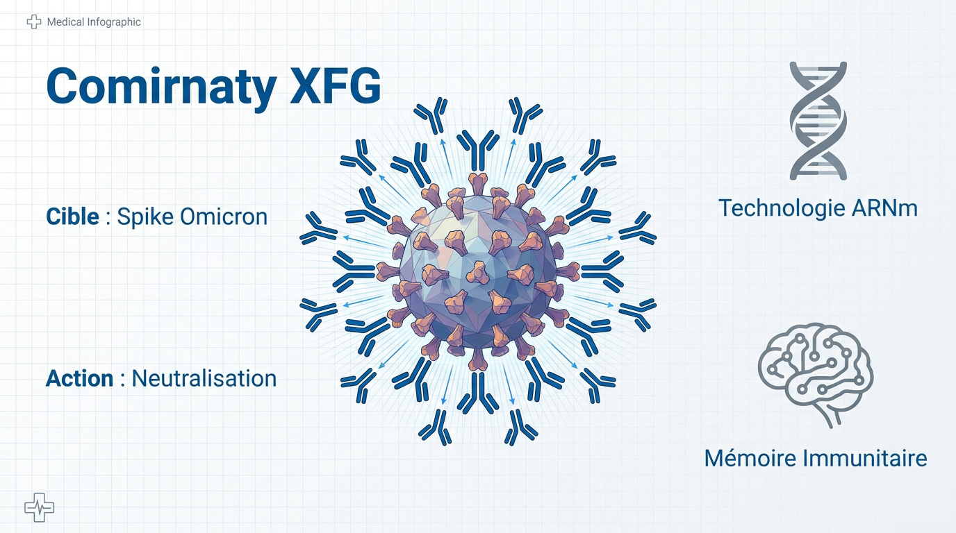 Schéma de neutralisation de la protéine Spike du variant Omicron par le vaccin Comirnaty XFG