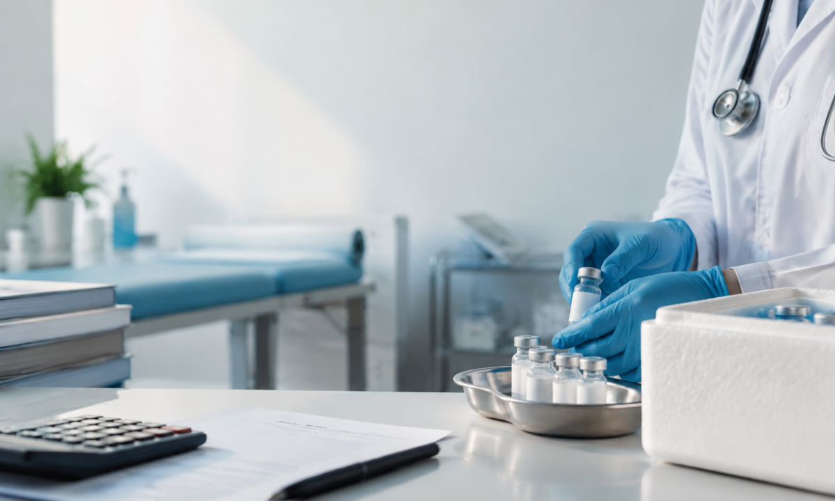 Médecin en blouse blanche portant des gants bleus, préparant des flacons de vaccins sur un bureau médical.