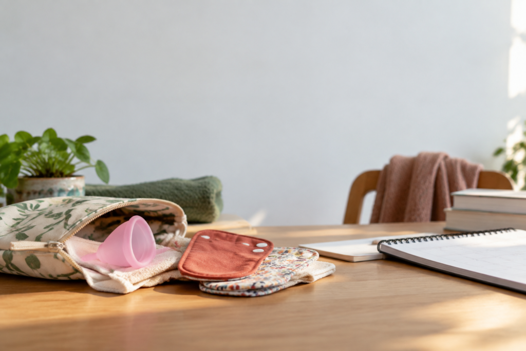Une coupe menstruelle rose et des serviettes en tissu lavables posées sur un bureau en bois avec une plante.