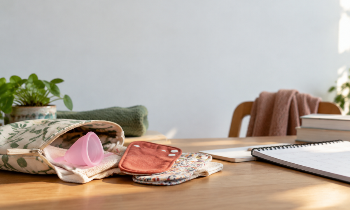 Une coupe menstruelle rose et des serviettes en tissu lavables posées sur un bureau en bois avec une plante.