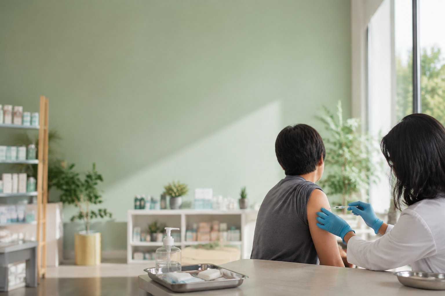 Un pharmacien en blouse et gants bleus vaccine un patient dans une officine lumineuse.