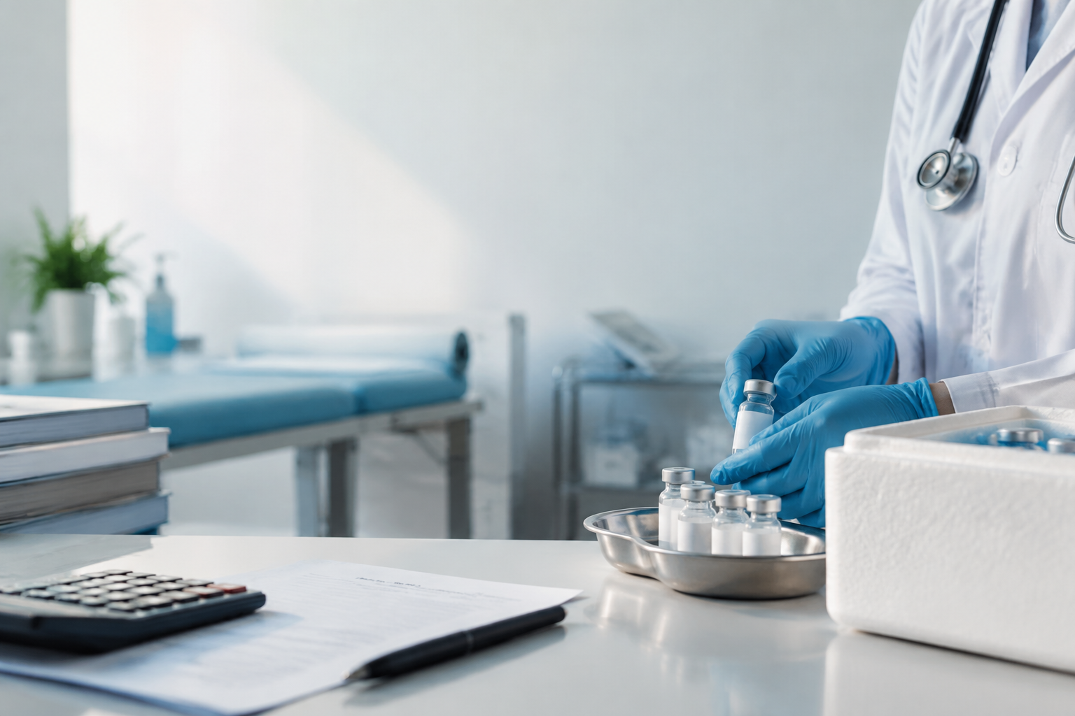 Médecin en blouse blanche portant des gants bleus, préparant des flacons de vaccins sur un bureau médical.