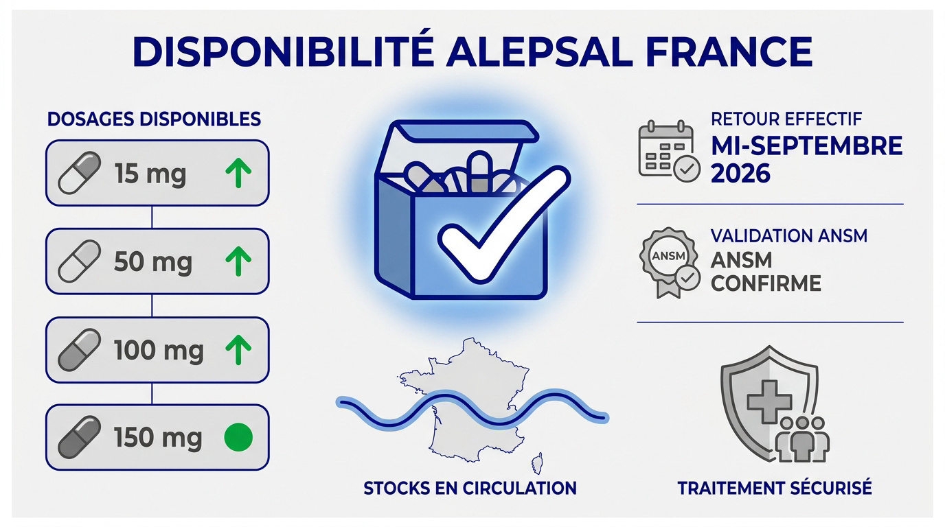 Retour de la disponibilité du médicament Alepsal en pharmacie en France