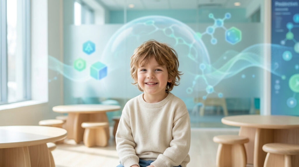 Un jeune garçon souriant assis dans un cabinet médical lumineux, entouré d'illustrations graphiques de molécules et bulles.