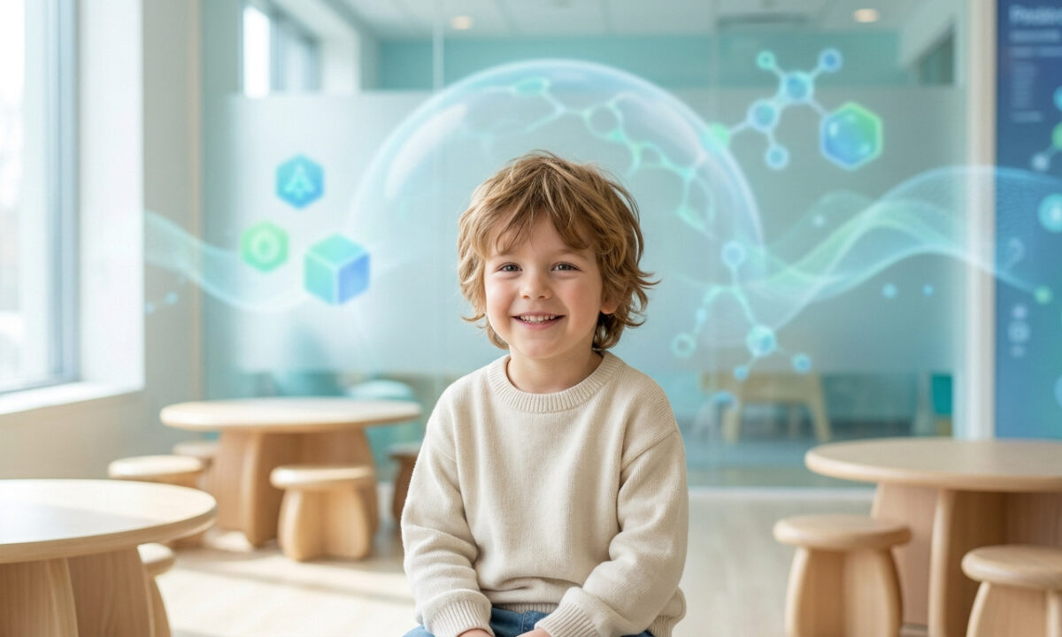 Un jeune garçon souriant assis dans un cabinet médical lumineux, entouré d'illustrations graphiques de molécules et bulles.