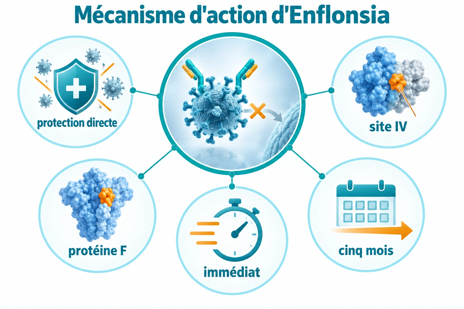 Schéma en étoile du clesrovimab ciblant le site IV de la protéine F pour une protection directe et immédiate durant cinq mois.