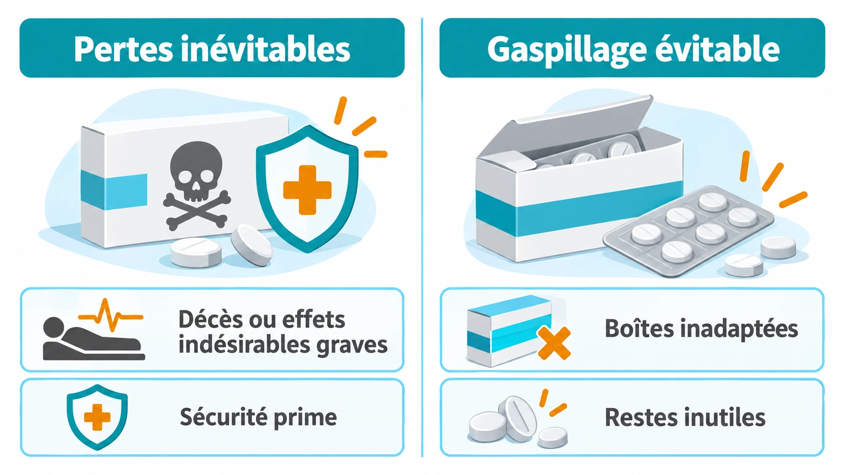 Schéma comparatif des pertes inévitables liées aux arrêts brutaux de traitement et des pertes évitables liées aux conditionnements inadaptés