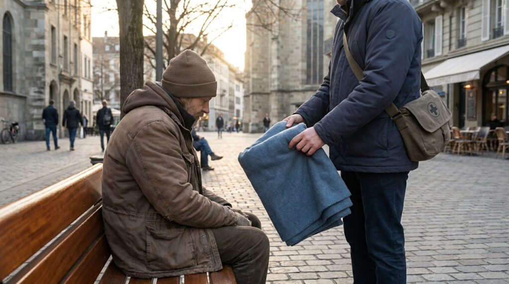 Un travailleur social remet une couverture chaude à une personne sans-abri assise sur un banc dans une rue pavée.