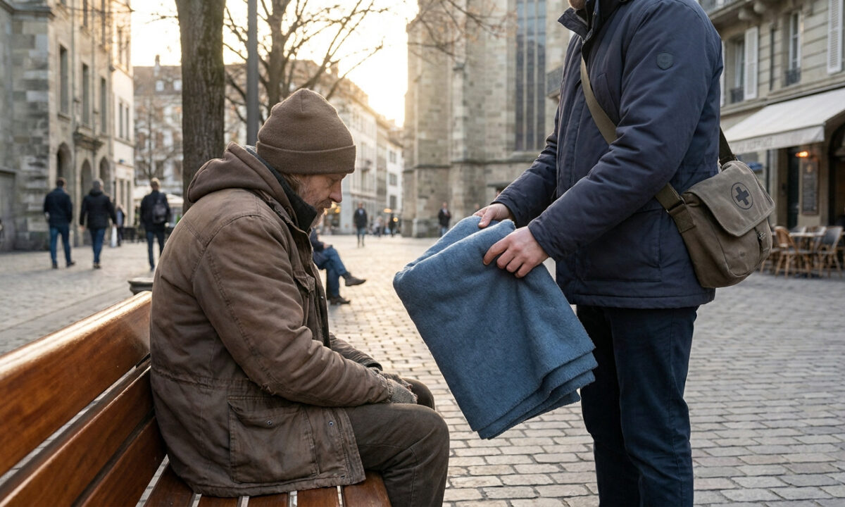 Un travailleur social remet une couverture chaude à une personne sans-abri assise sur un banc dans une rue pavée.