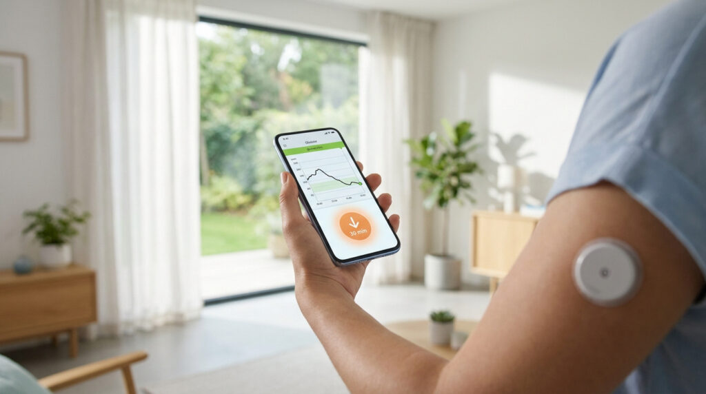 Personne utilisant l'application FreeStyle Libre sur smartphone pour consulter son taux de glucose via le capteur au bras.