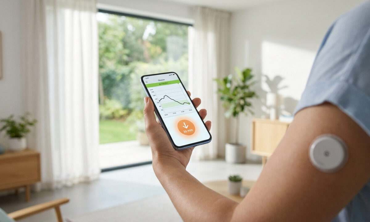 Personne utilisant l'application FreeStyle Libre sur smartphone pour consulter son taux de glucose via le capteur au bras.