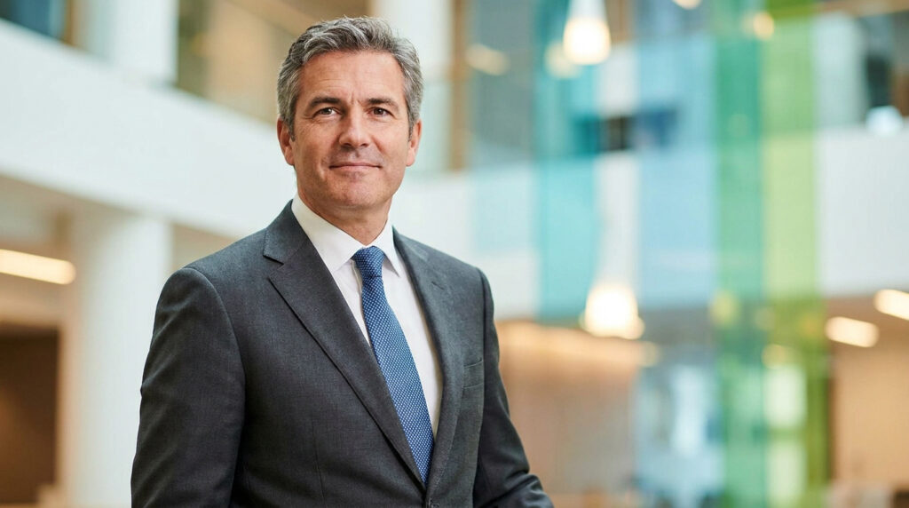 Portrait professionnel de Fabrice Camaioni en costume, souriant devant un arrière-plan de bureau moderne et lumineux.