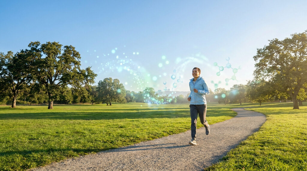 Une femme court sur un chemin en parc avec des graphismes moléculaires lumineux flottant autour d'elle.