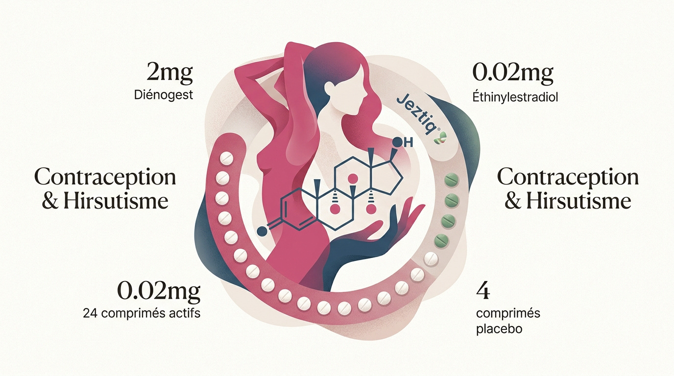 Plaquette de pilule contraceptive Jeztiq montrant les comprimés blancs actifs et verts placebo