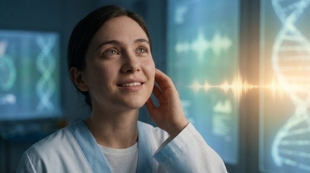 Une femme scientifique regarde une visualisation d'ondes sonores et des brins d'ADN sur des écrans numériques.