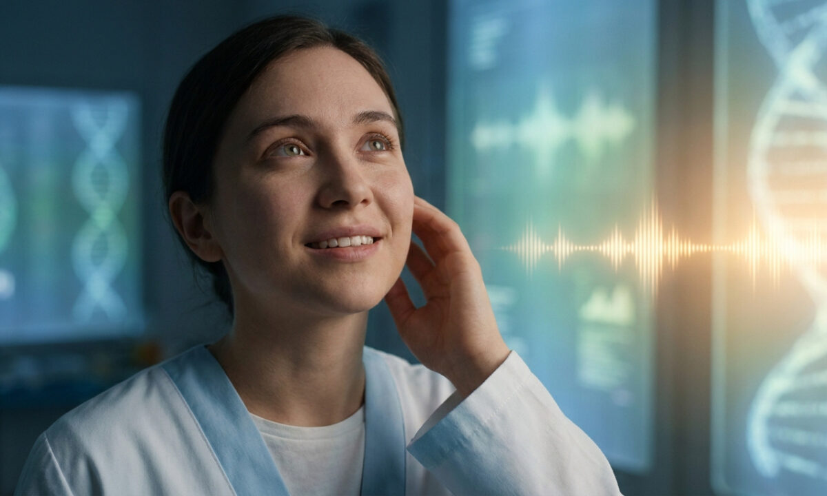 Une femme scientifique regarde une visualisation d'ondes sonores et des brins d'ADN sur des écrans numériques.