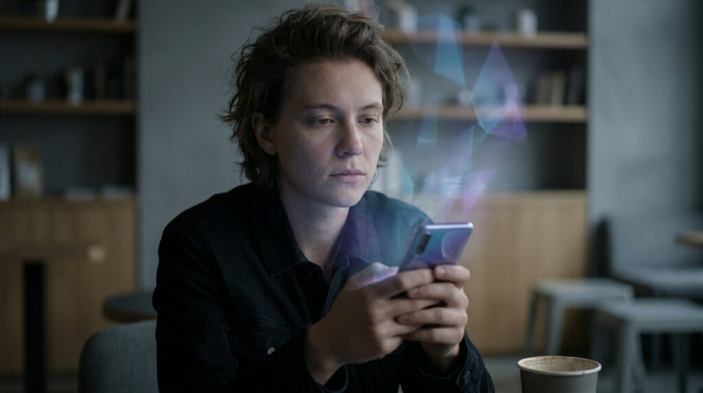Une personne regarde son smartphone d'où émanent des formes géométriques numériques lumineuses.