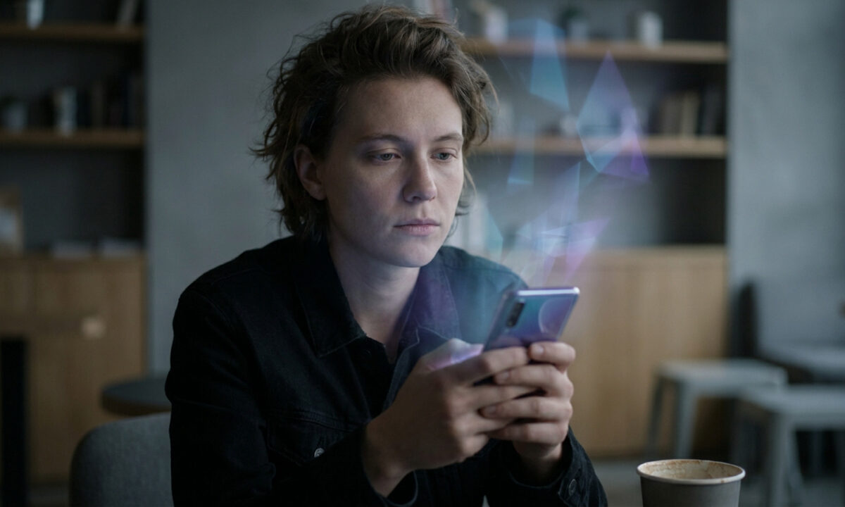 Une personne regarde son smartphone d'où émanent des formes géométriques numériques lumineuses.