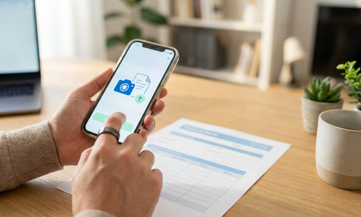 Personne utilisant un smartphone pour photographier et envoyer une feuille de soins via l'application Ameli.