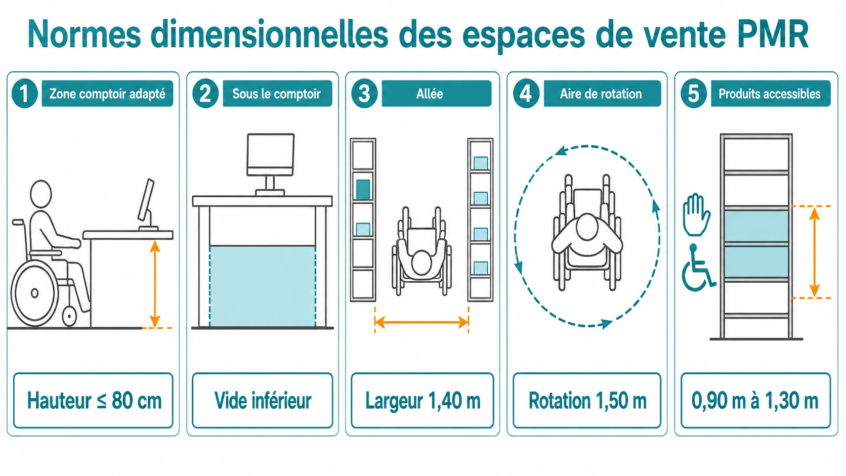 Schéma d'officine avec comptoir bas de 80 cm, espace pour jambes, allées de 1,40 m, zone de rotation de 1,50 m et produits entre 0,90 et 1,30 m.