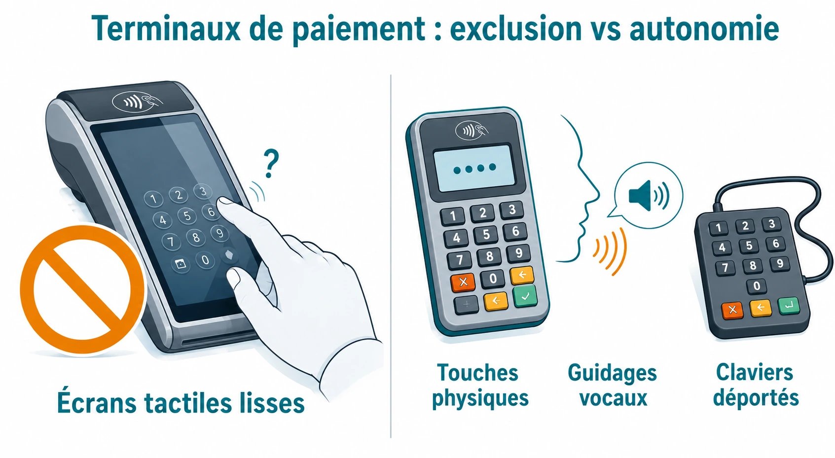 Comparaison d'un terminal à écran lisse inaccessible et d'un terminal avec touches physiques, guidage vocal et clavier déporté.