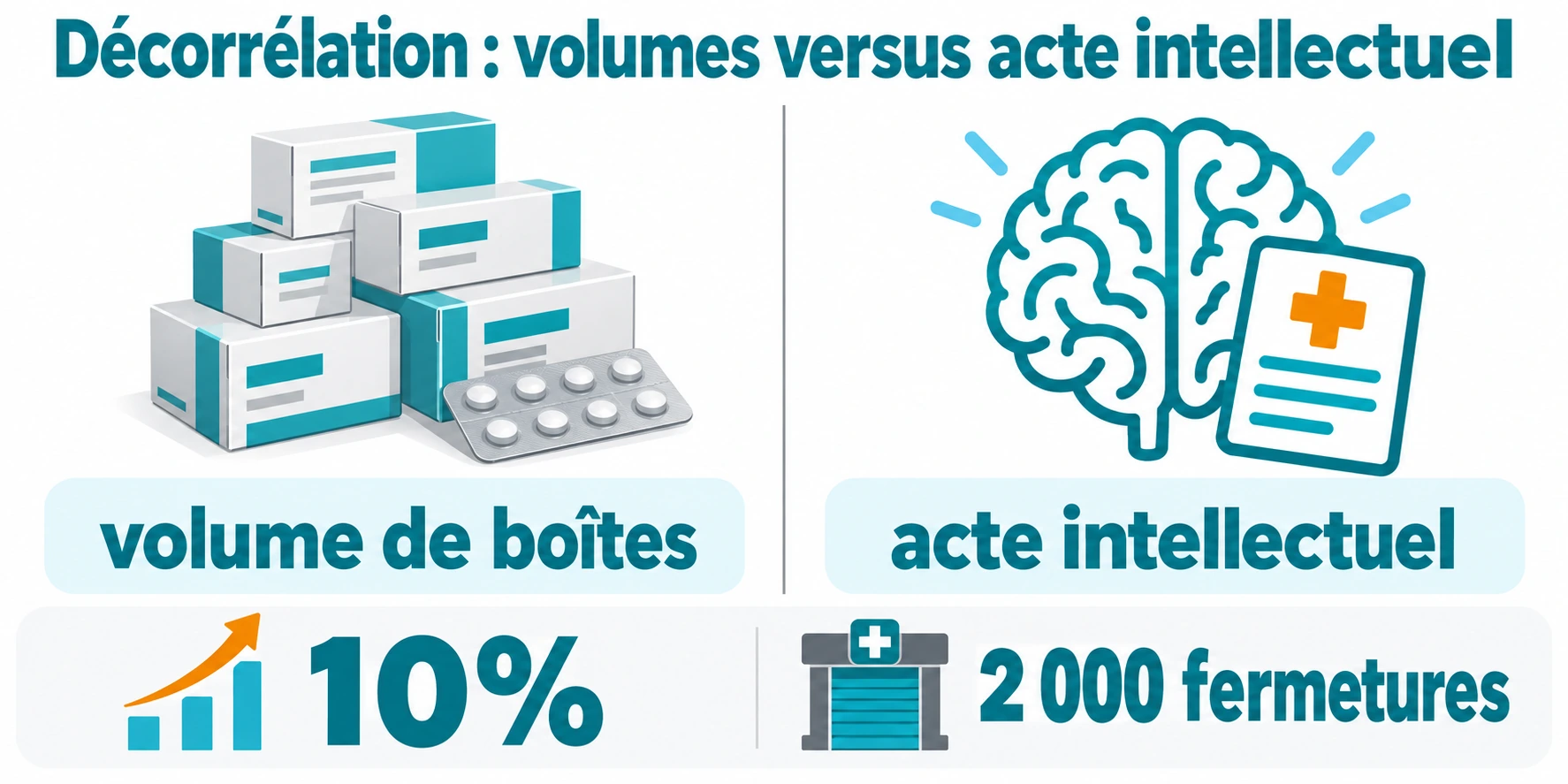 Comparaison binaire du modèle actuel dépendant du volume de boîtes et du modèle futur centré sur l'acte intellectuel, avec hausse de 10% et 2 000 fermetures.