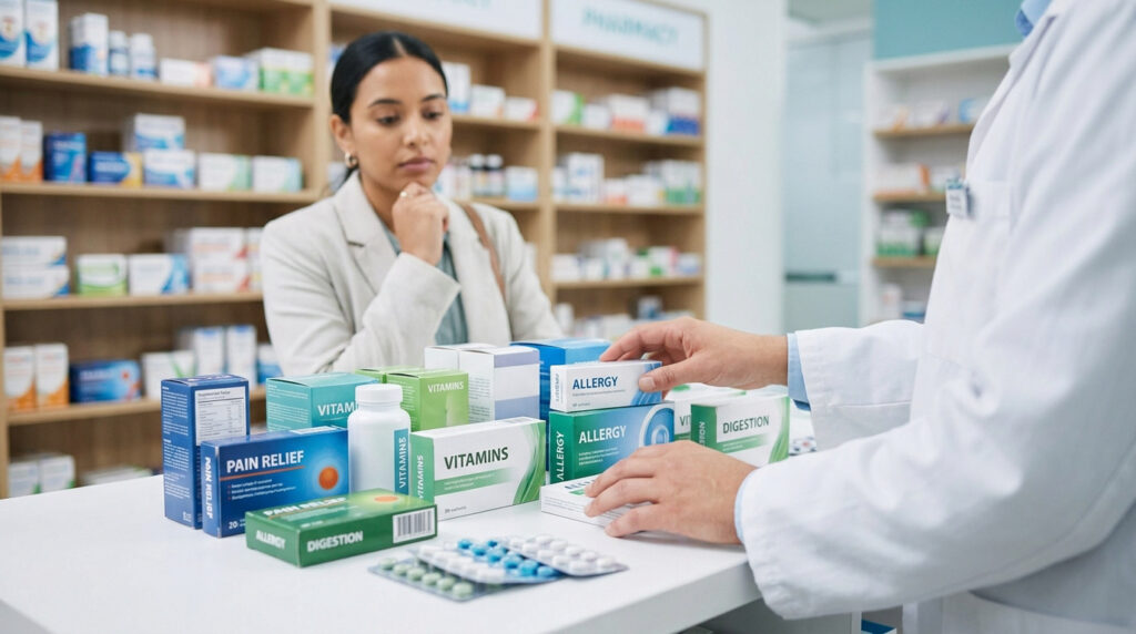 Un pharmacien conseille une cliente devant un comptoir rempli de boîtes de médicaments et de vitamines.