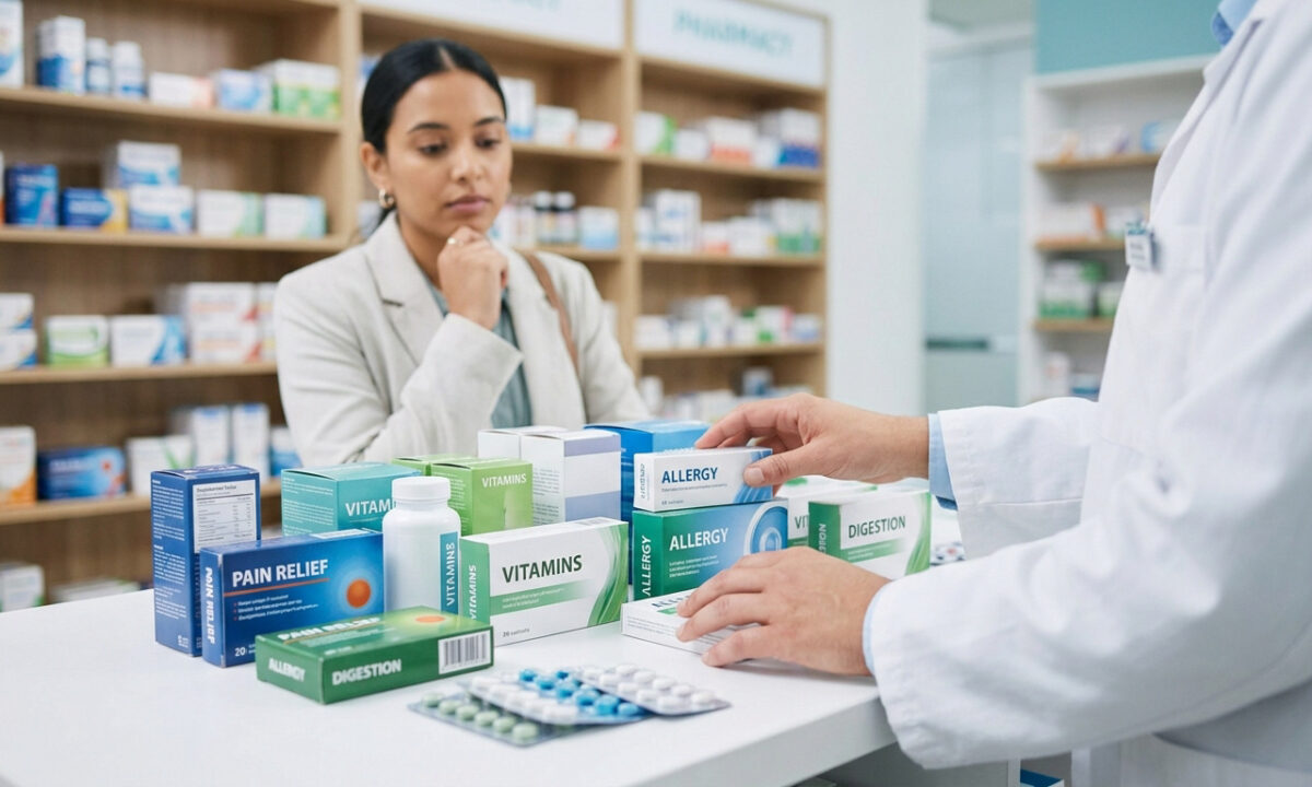 Un pharmacien conseille une cliente devant un comptoir rempli de boîtes de médicaments et de vitamines.