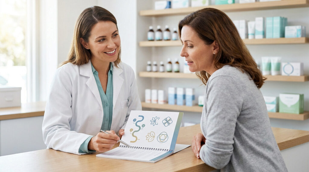 Une pharmacienne souriante explique un schéma médical à une cliente dans une pharmacie moderne.