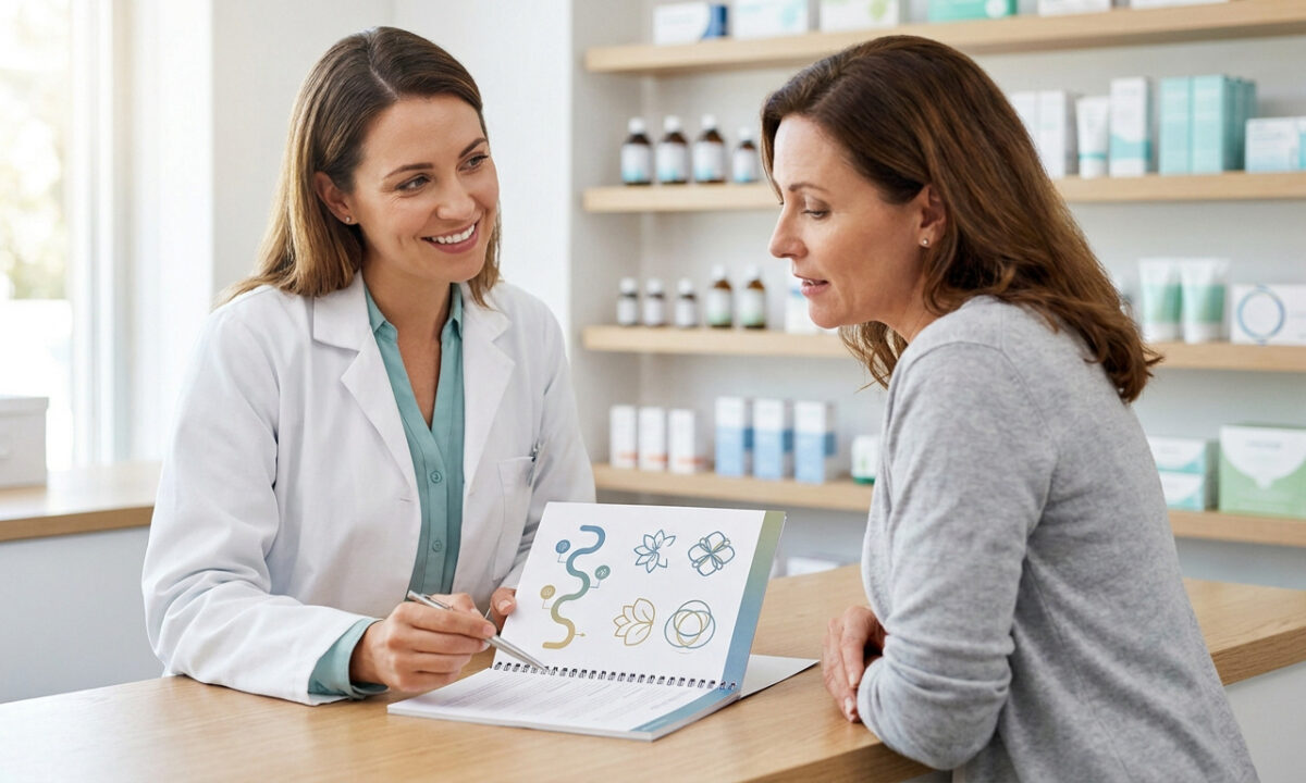 Une pharmacienne souriante explique un schéma médical à une cliente dans une pharmacie moderne.