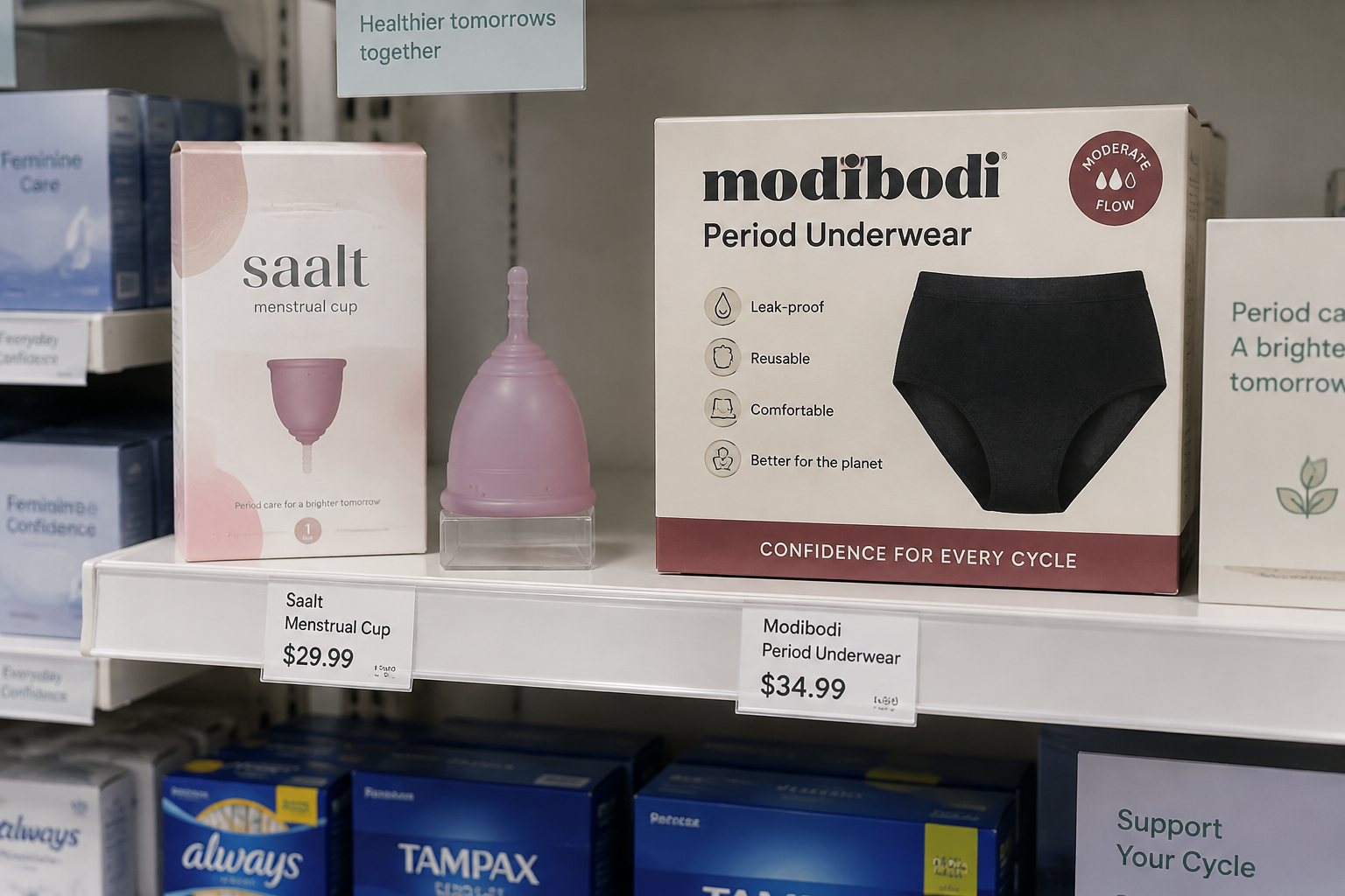 Une étagère de pharmacie avec une coupe menstruelle et une culotte réutilisable.