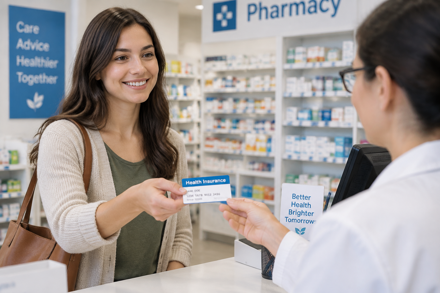 Une jeune femme présente sa carte Vitale au comptoir d'une pharmacie