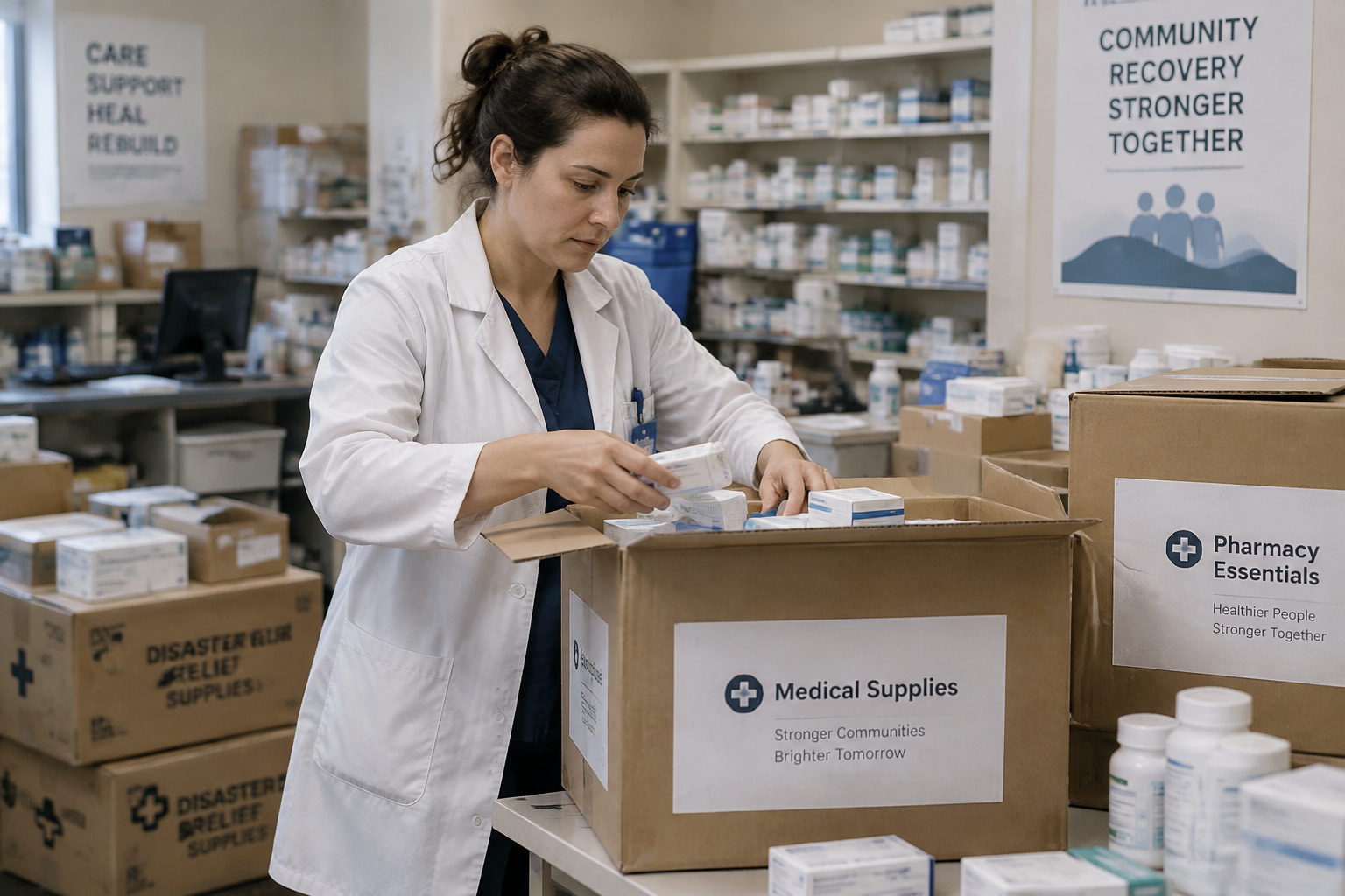 Pharmacien déballant des cartons de fournitures et de médicaments dans une pharmacie après un sinistre