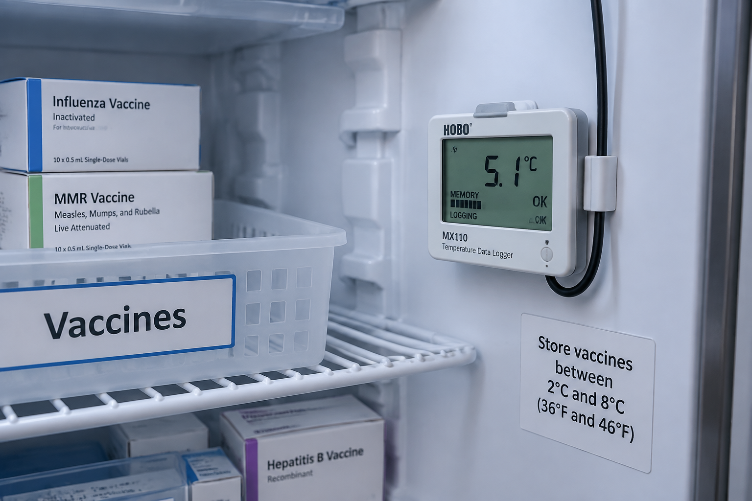 Enregistreur de température placé dans un réfrigérateur de pharmacie contenant des vaccins