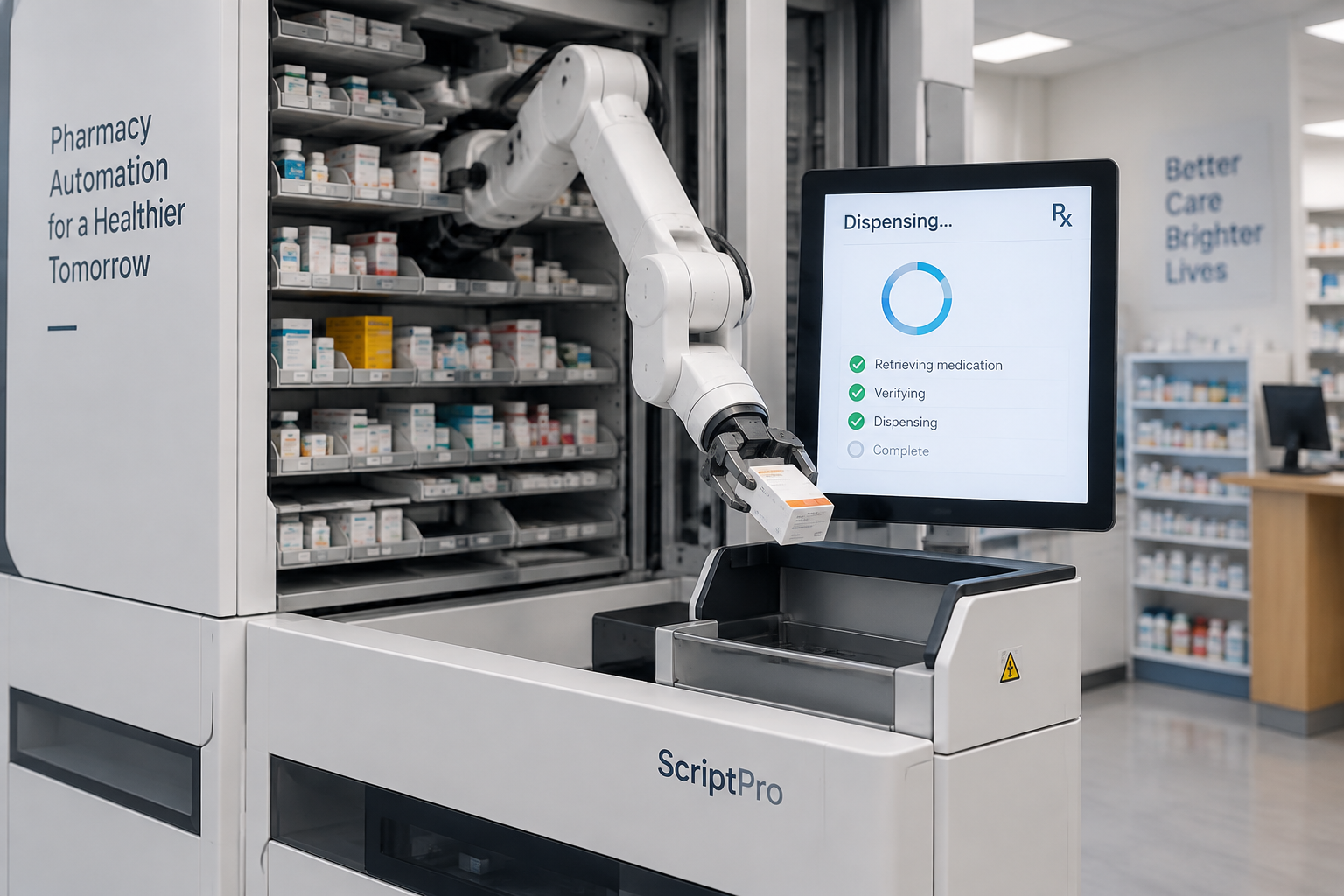 Robot de délivrance automatisé dans une pharmacie moderne, distribuant des boîtes de médicaments