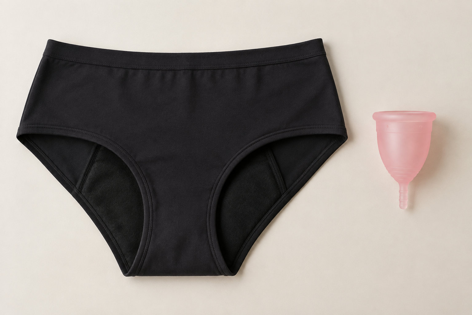 Une culotte menstruelle réutilisable et une coupe menstruelle sont présentées côte à côte.