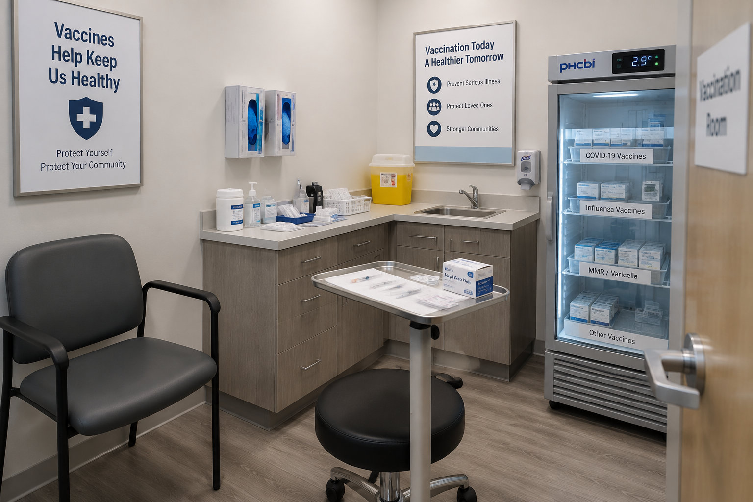 Un espace de vaccination confidentiel en officine, équipé de matériel d’injection et d’un réfrigérateur avec contrôle de température.