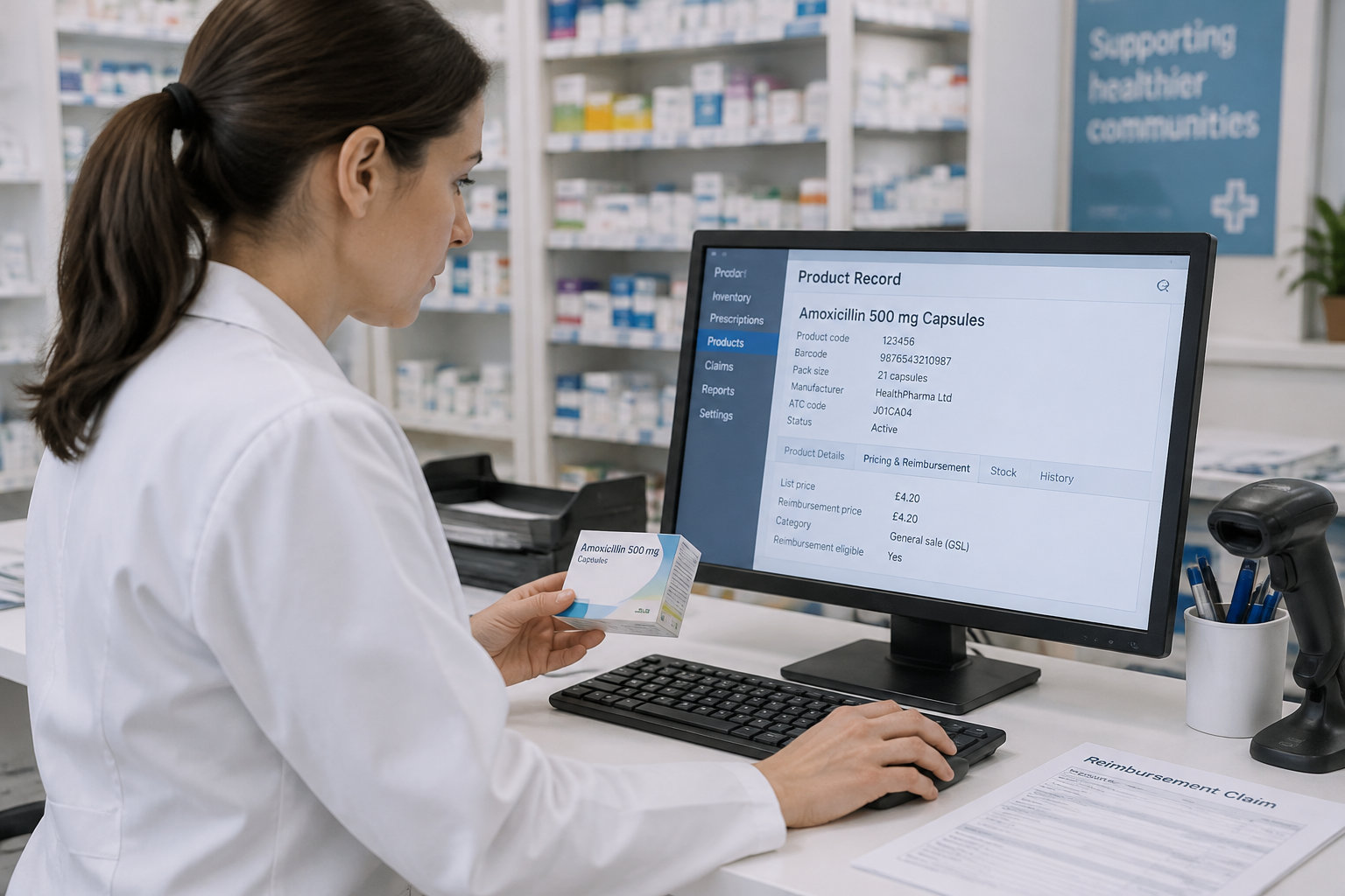 Un pharmacien vérifie une fiche produit sur son ordinateur avant de préparer une facturation.