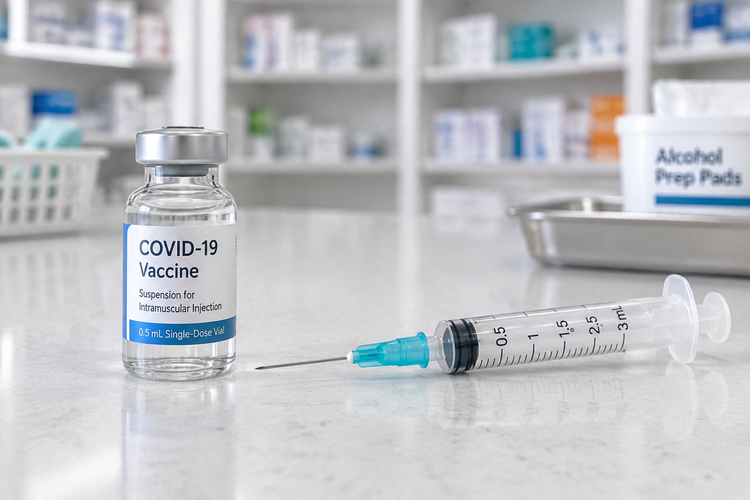 Un flacon de vaccin et une seringue préparée, présentés séparément sur un comptoir d’officine.