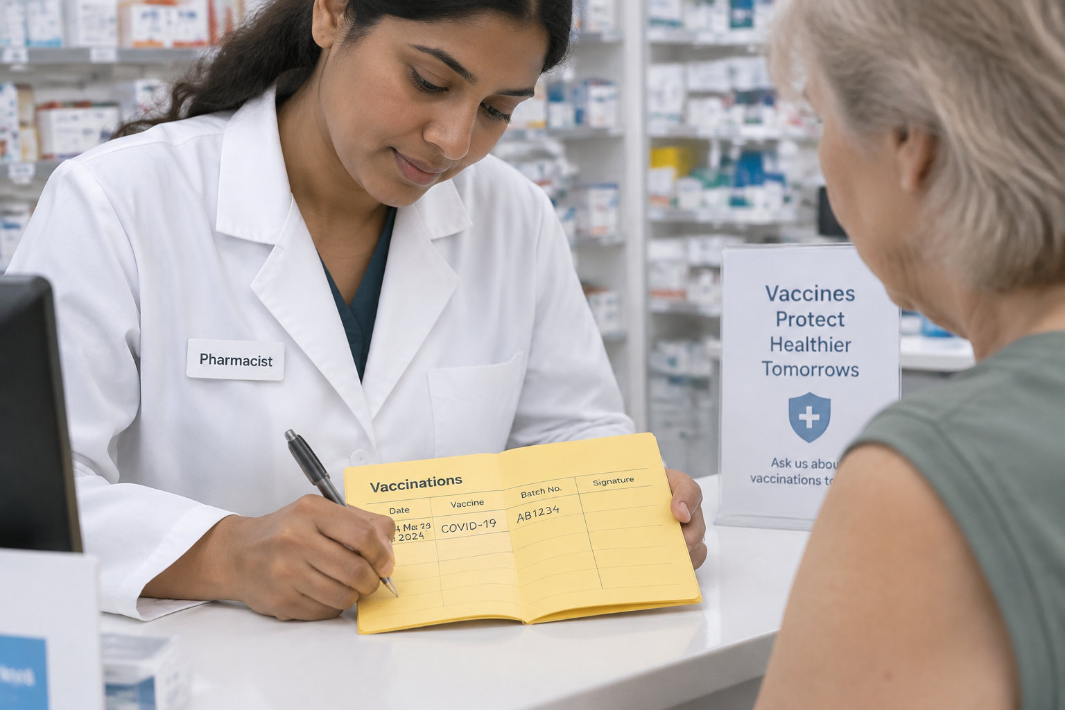 Un pharmacien inscrit la date d’administration et le numéro de lot du vaccin dans le carnet de vaccination d’un patient.