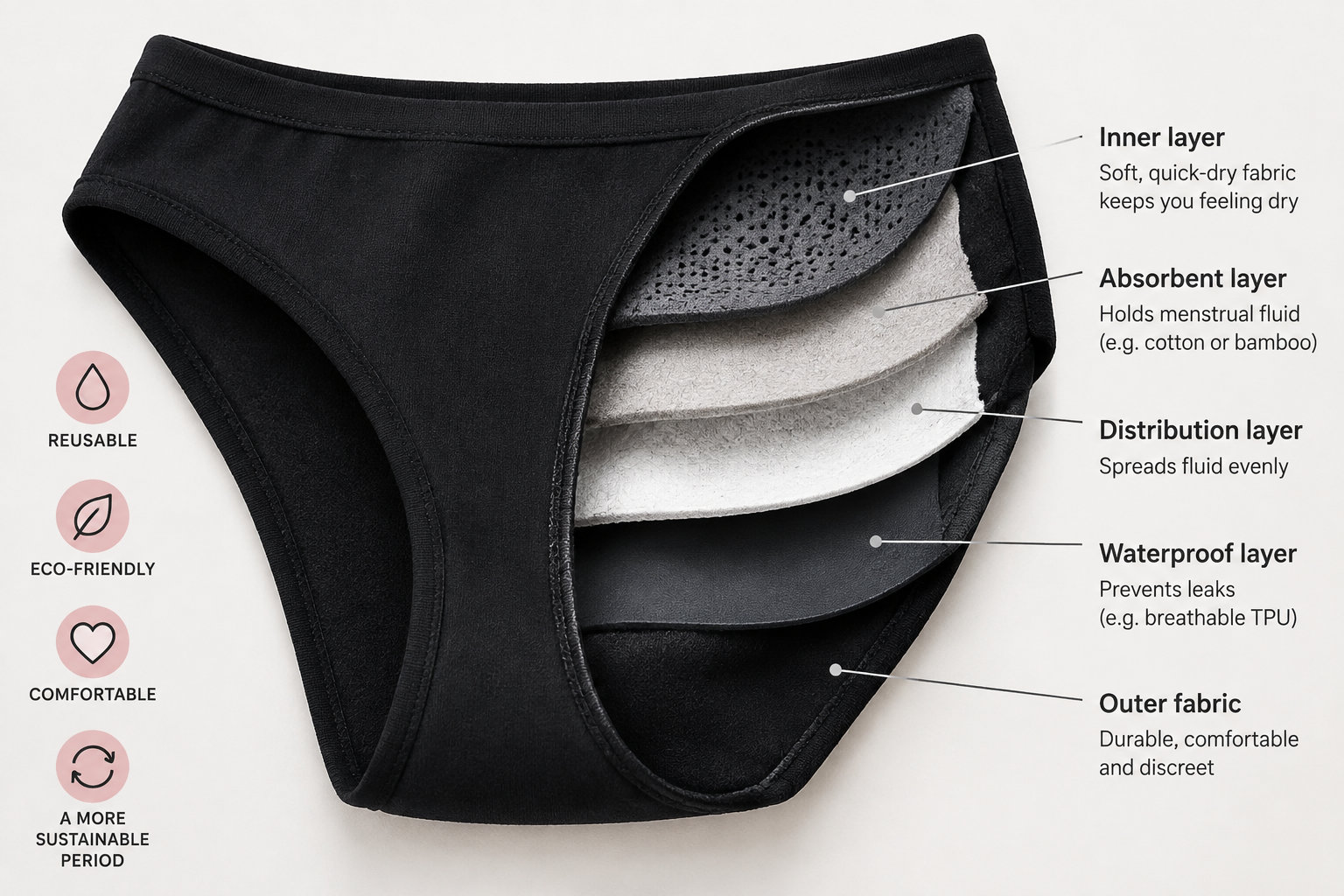 Une culotte menstruelle réutilisable est montrée en coupe, laissant voir ses différentes couches.