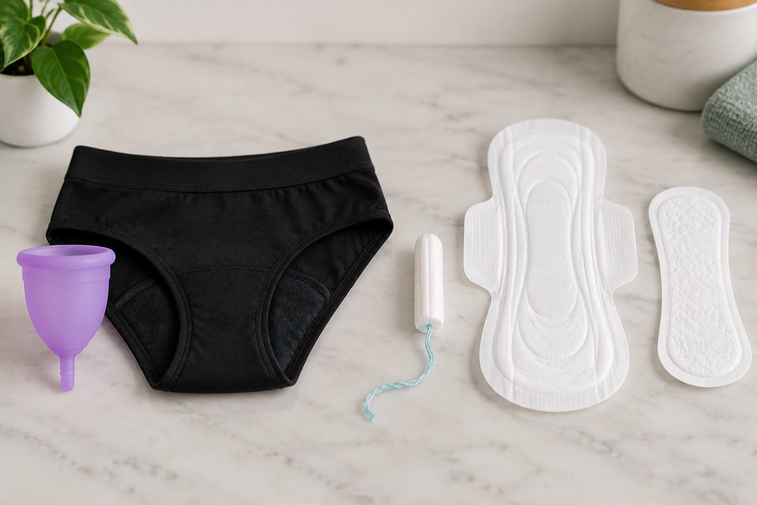 Une coupe menstruelle et une culotte réutilisables côtoient un tampon, une serviette jetable et un protège-slip.