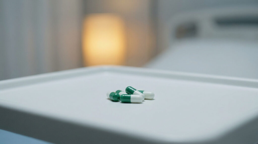 Plusieurs gélules bicolores blanches et vertes posées sur un plateau blanc dans une chambre médicalisée.
